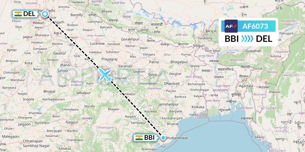 AF6073 Air France Flight Map: Bhubaneswar to Delhi