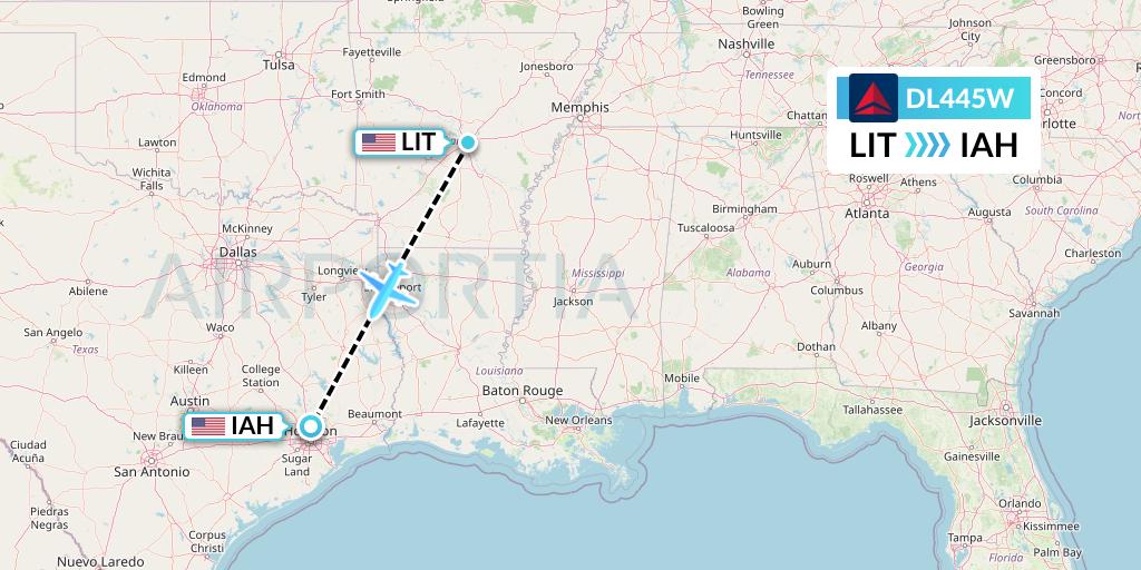 DL445W Delta Air Lines Flight Map: Little Rock to Houston