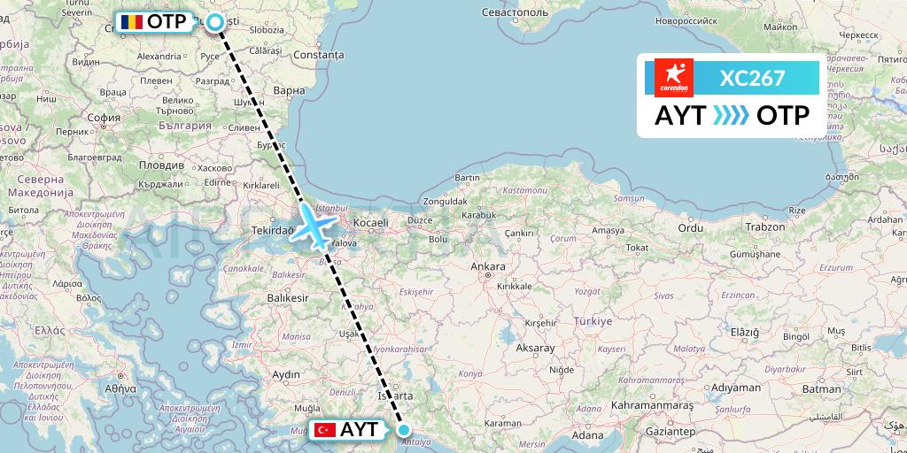 XC267 Corendon Airlines Flight Map: Antalya to Bucharest