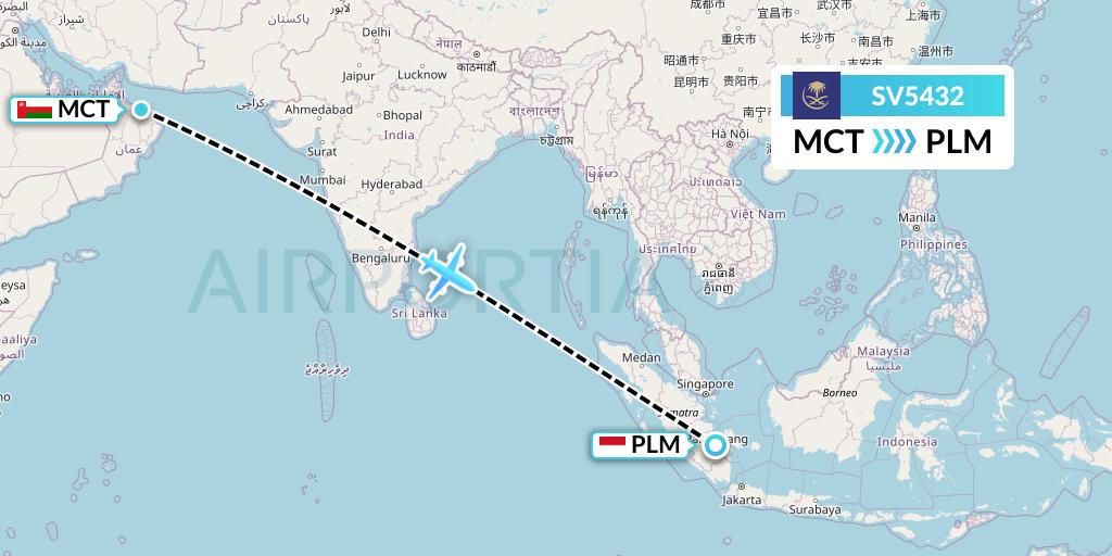 SV5432 Saudi Arabian Airlines Flight Map: Muscat to Palembang