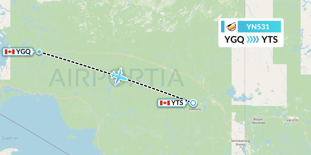 YN531 Air Creebec Flight Map: Geraldton to Timmins