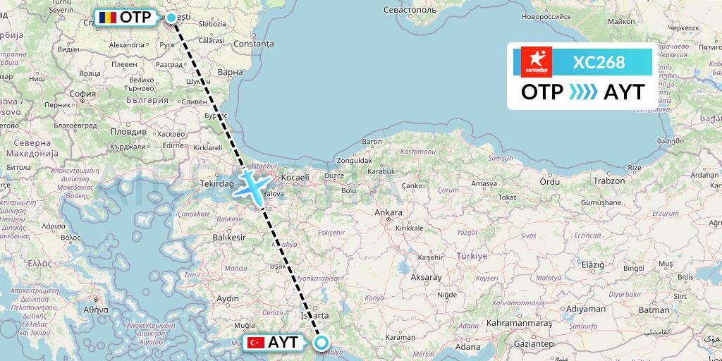 XC268 Corendon Airlines Flight Map: Bucharest to Antalya