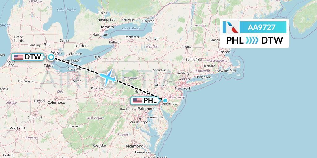 AA9727 American Airlines Flight Map: Philadelphia to Detroit