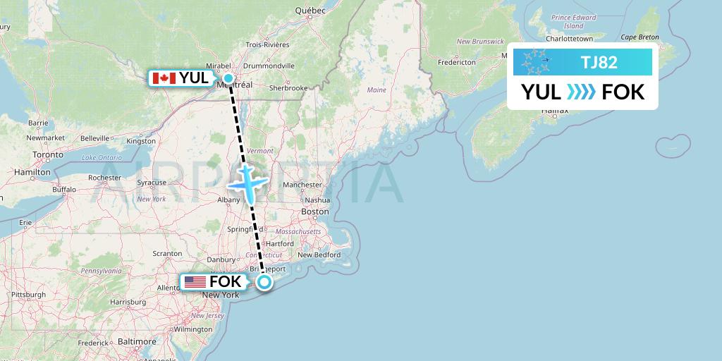 TJ82 Tradewind Aviation Flight Map: Montreal to Westhampton Beach
