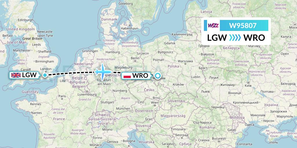 W95807 Wizz Air UK Flight Map: London to Wroclaw