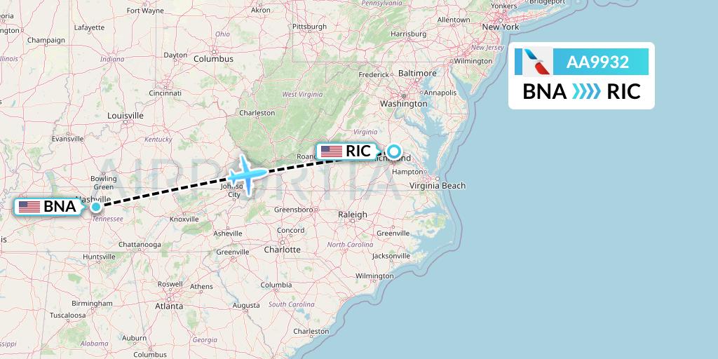 AA9932 American Airlines Flight Map: Nashville to Richmond