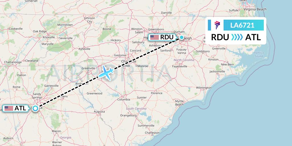 LA6721 LAN Airlines Flight Map: Raleigh-Durham to Atlanta