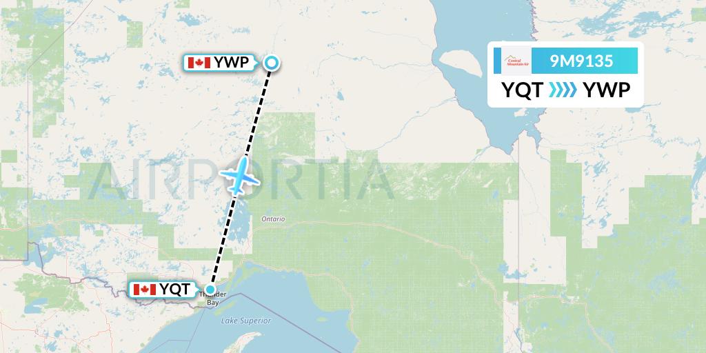 9M9135 Central Mountain Air Flight Map: Thunder Bay to Webequie