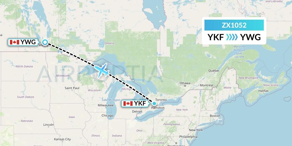ZX1052 Air Georgian Flight Map: Waterloo to Winnipeg