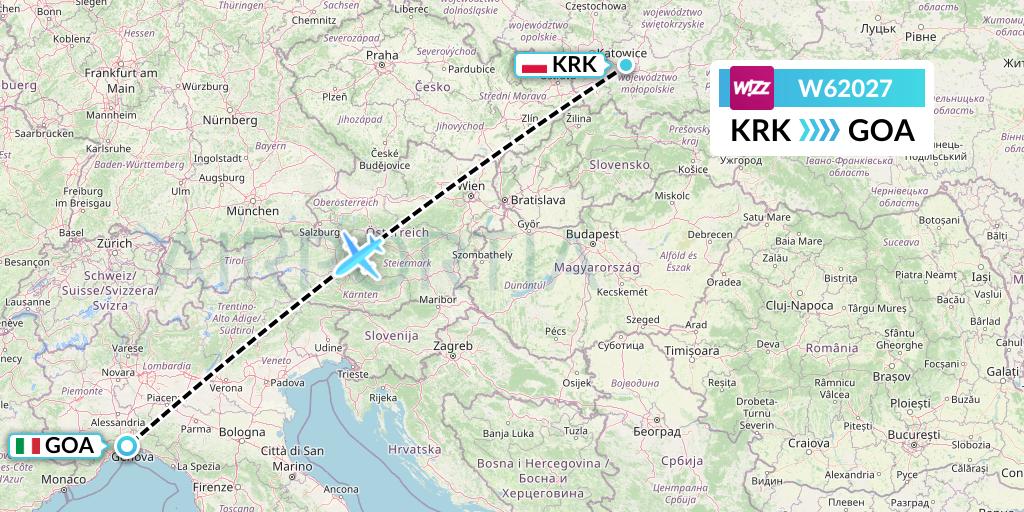 W62027 Wizz Air Flight Map: Krakow to Genoa