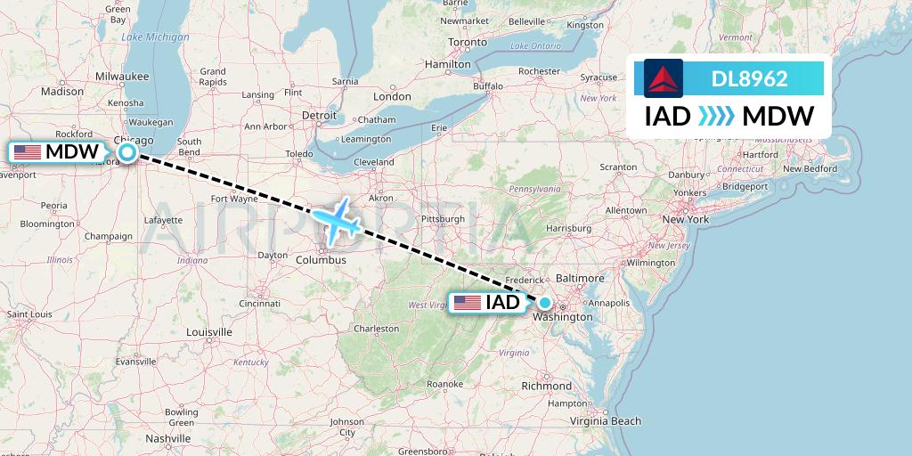 DL8962 Delta Air Lines Flight Map: Washington to Chicago