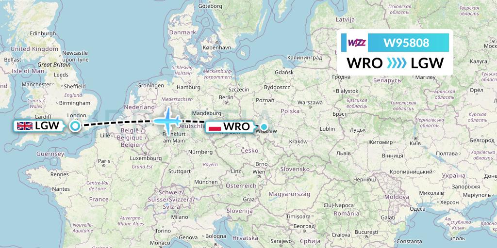 W95808 Wizz Air UK Flight Map: Wroclaw to London