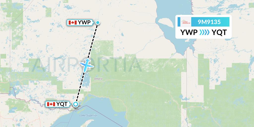 9M9135 Central Mountain Air Flight Map: Webequie to Thunder Bay