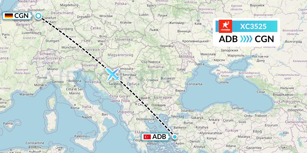 XC3525 Corendon Airlines Flight Map: Izmir to Cologne
