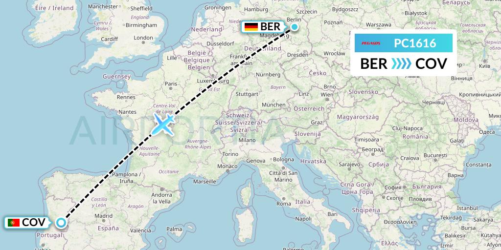 PC1616 Pegasus Airlines Flight Map: Berlin to Portugal