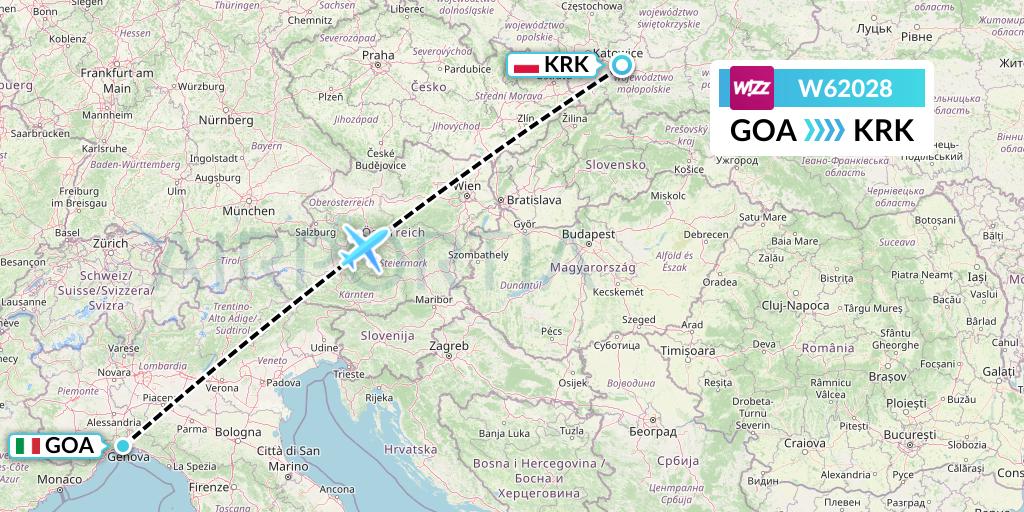 W62028 Wizz Air Flight Map: Genoa to Krakow
