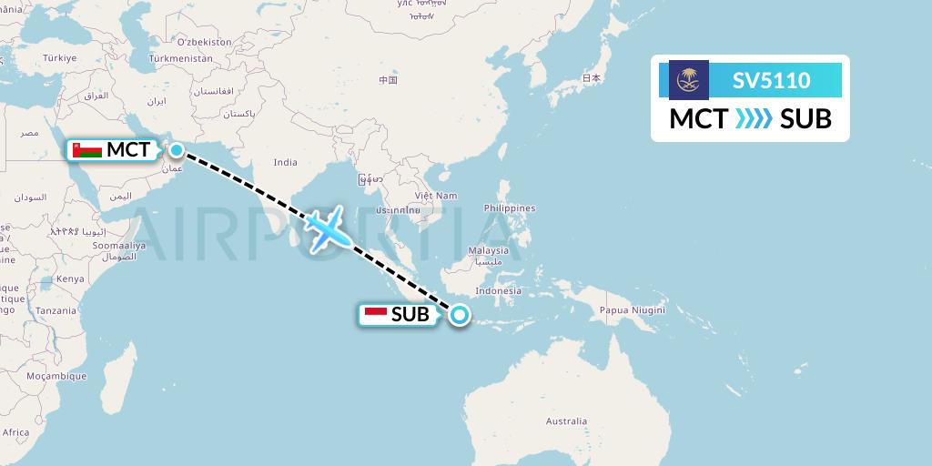 SV5110 Saudi Arabian Airlines Flight Map: Muscat to Surabaya