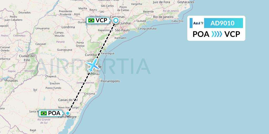 AD9010 Azul Brazilian Airlines Flight Map: Porto Alegre to Campinas