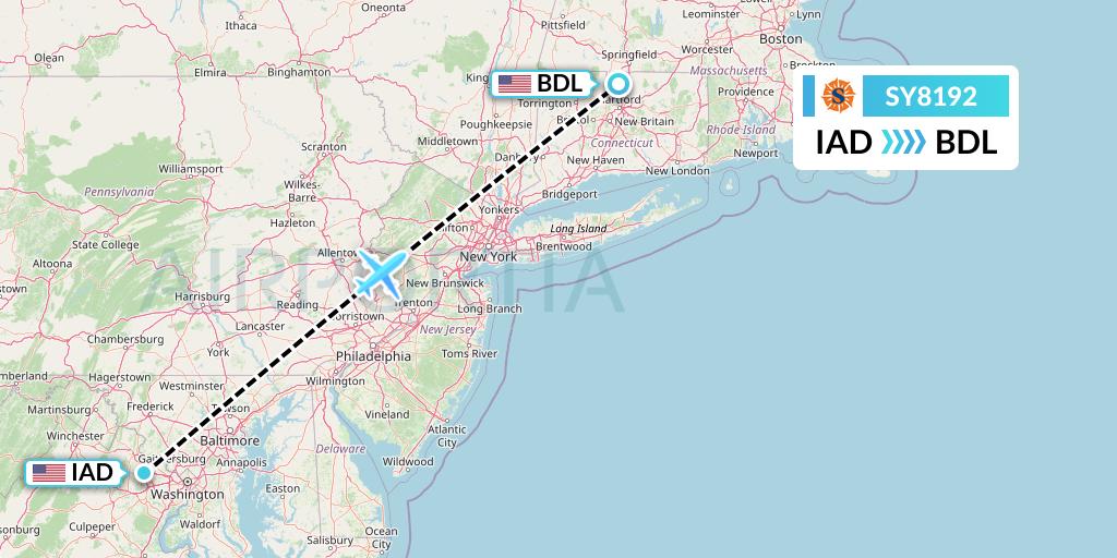 SY8192 Sun Country Airlines Flight Map: Washington to Windsor Locks