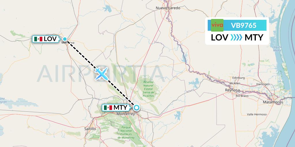VB9765 VivaAerobus Flight Map: Mexico to Monterrey