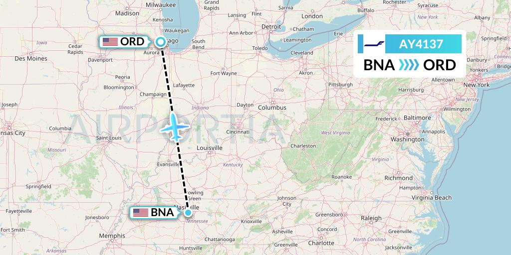 AY4137 Finnair Flight Map: Nashville to Chicago