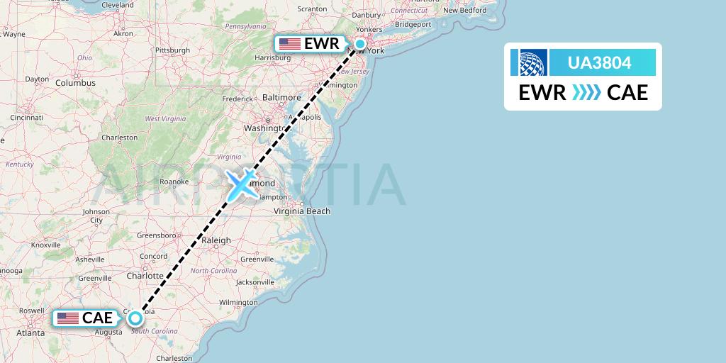 UA3804 United Airlines Flight Map: New York to Columbia