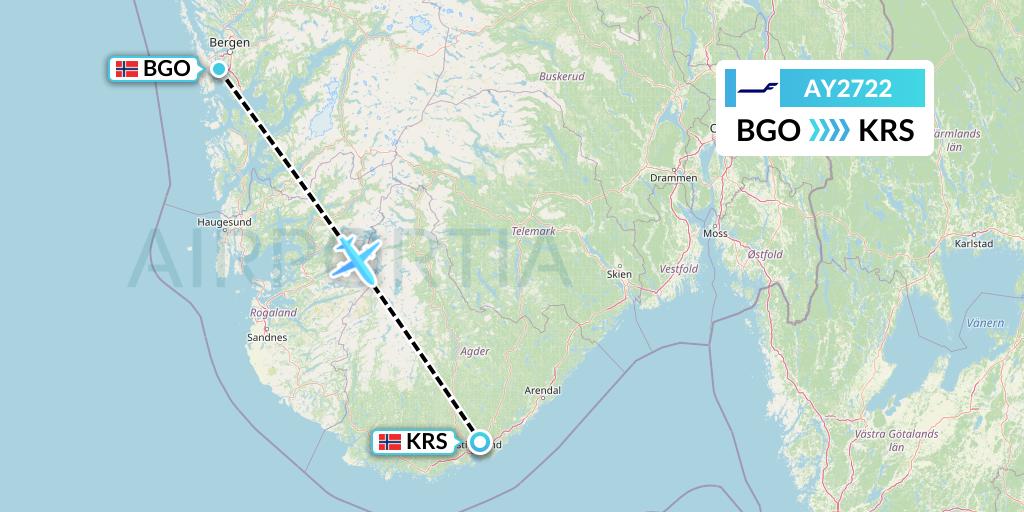 AY2722 Finnair Flight Map: Bergen to Kristiansand