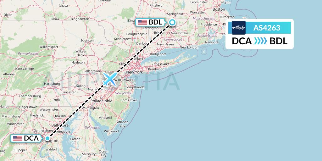 AS4263 Alaska Airlines Flight Map: Washington to Windsor Locks