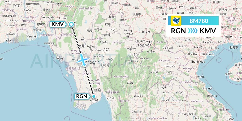 8M780 Myanmar Airways International Flight Map: Yangon to Kalemyo