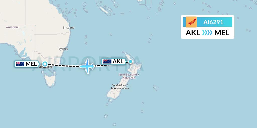 AI6291 Air India Flight Map: Auckland to Melbourne