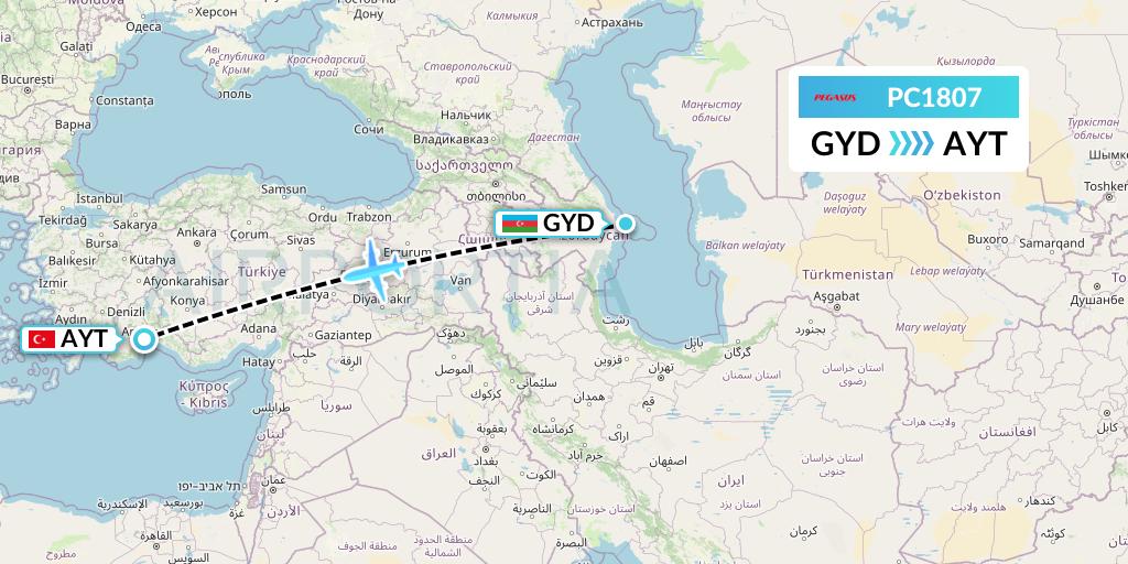 PC1807 Pegasus Airlines Flight Map: Baku to Antalya