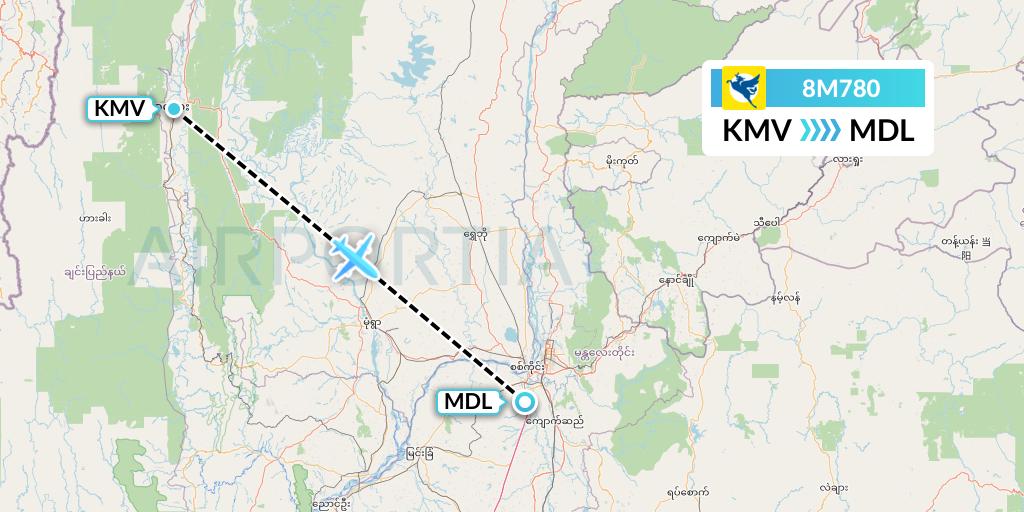 8M780 Myanmar Airways International Flight Map: Kalemyo to Mandalay