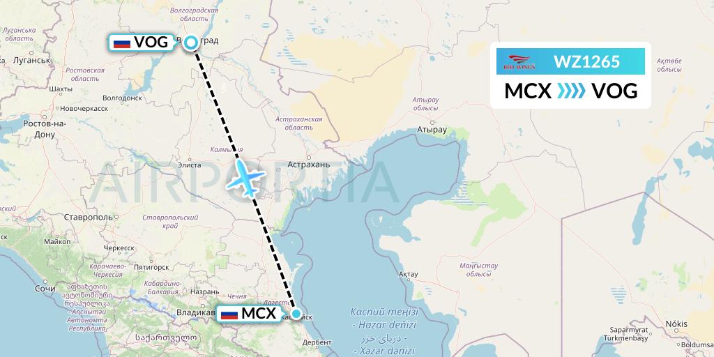 WZ1265 Red Wings Flight Map: Makhachkala to Volgograd