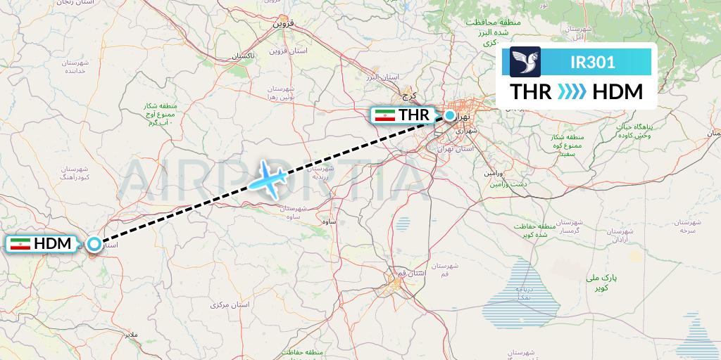 IR301 Iran Air Flight Map: Tehran to Hamadan