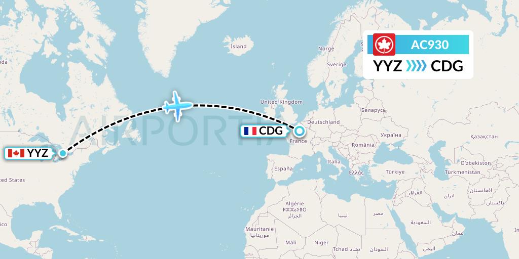 AC930 Air Canada Flight Map: Toronto to Paris