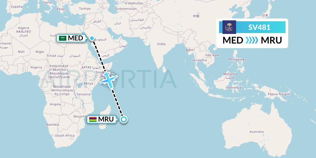 SV481 Saudi Arabian Airlines Flight Map: Medina to Port Louis