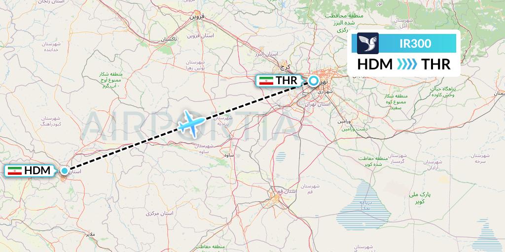IR300 Iran Air Flight Map: Hamadan to Tehran