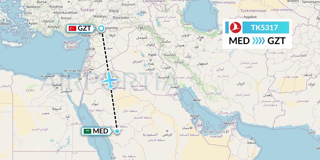 TK5317 Turkish Airlines Flight Map: Medina to Gaziantep