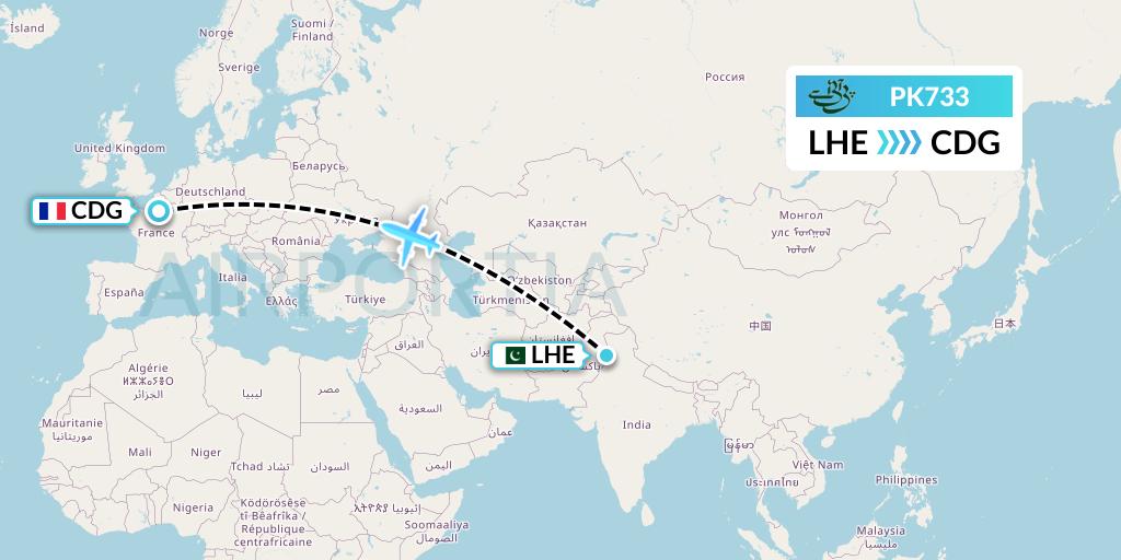 PK733 Pakistan International Airlines Flight Map: Lahore to Paris
