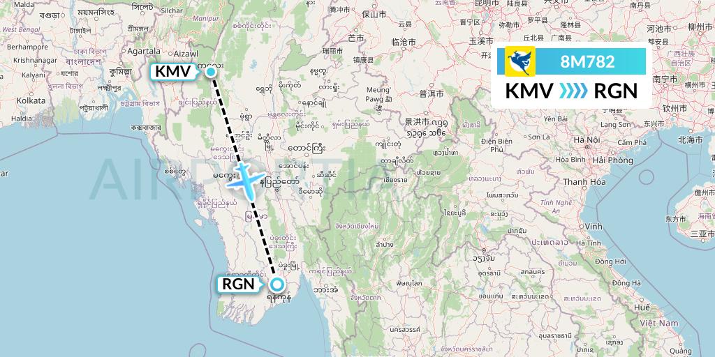 8M782 Myanmar Airways International Flight Map: Kalemyo to Yangon
