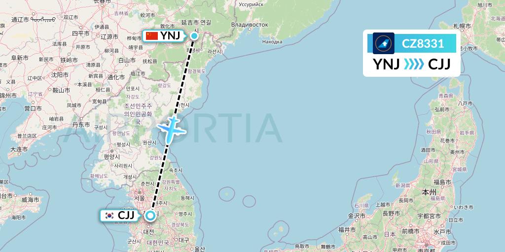 CZ8331 China Southern Airlines Flight Map: Yanji to Cheongju
