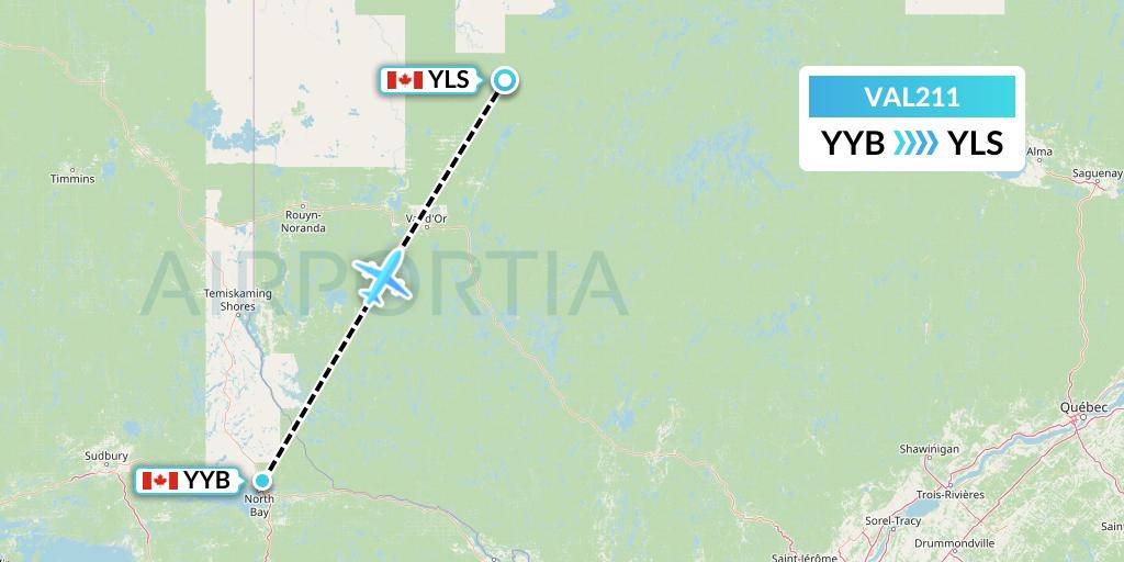 VAL211 Voyageur Airlines Flight Map: North Bay to Lebel-Sur-Quevillon