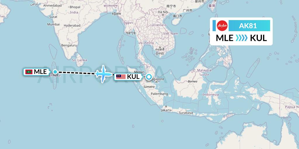 AK81 AirAsia Flight Map: Male to Kuala Lumpur