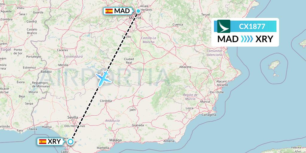 CX1877 Cathay Pacific Flight Map: Madrid to Jerez