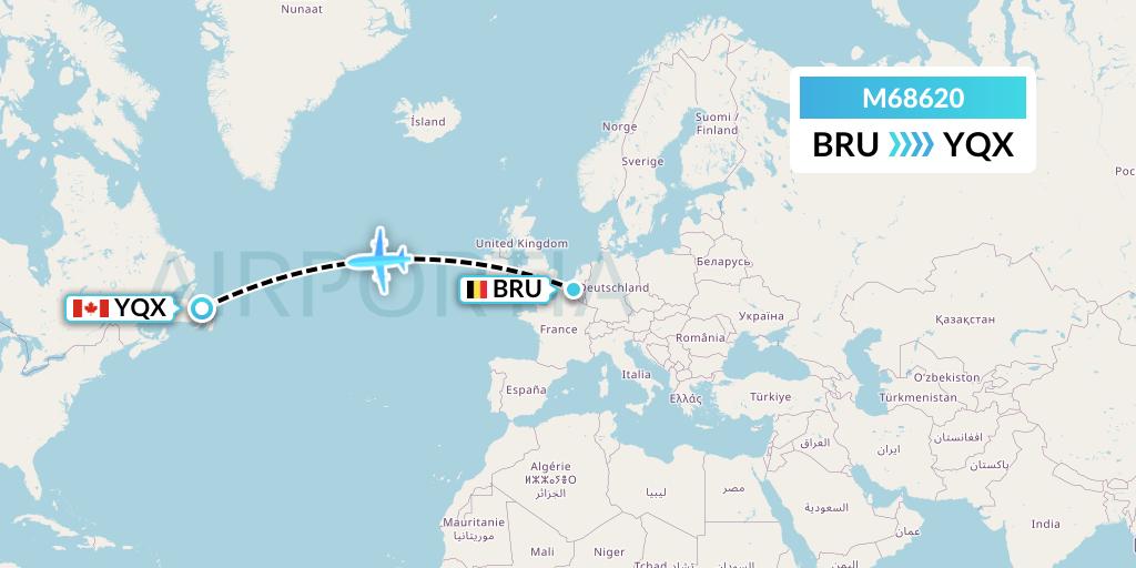 M68620 Amerijet International Flight Map: Brussels to Gander