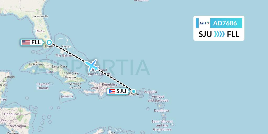 AD7686 Azul Brazilian Airlines Flight Map: San Juan to Fort Lauderdale