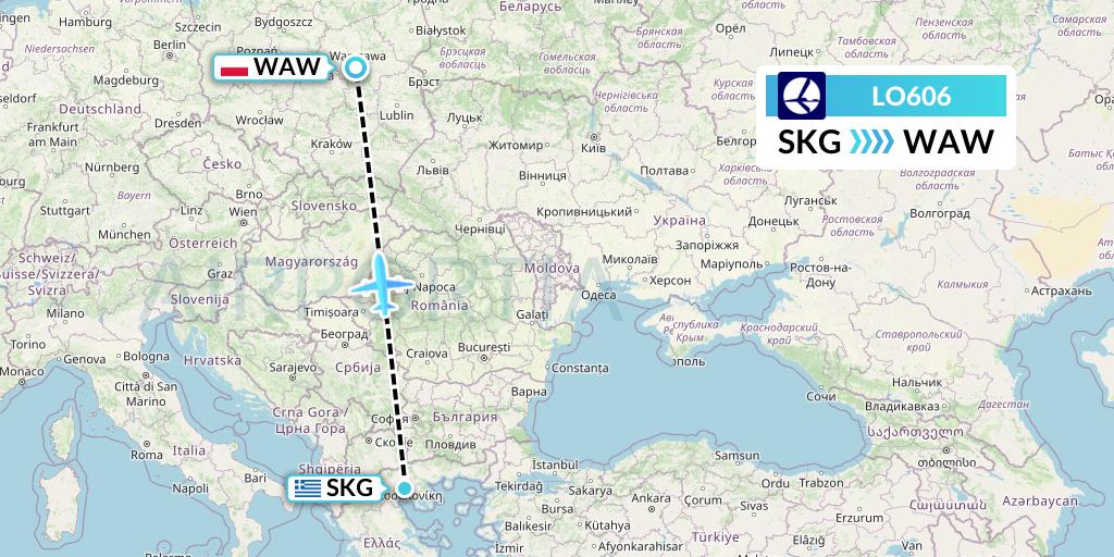 LO606 LOT Flight Map: Thessaloniki to Warsaw