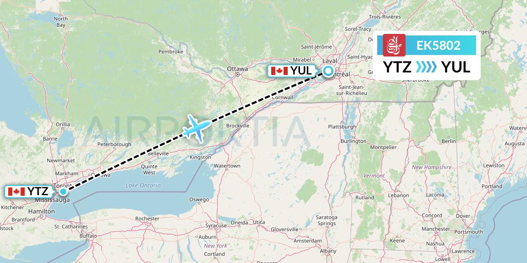 EK5802 Emirates Flight Map: Toronto to Montreal