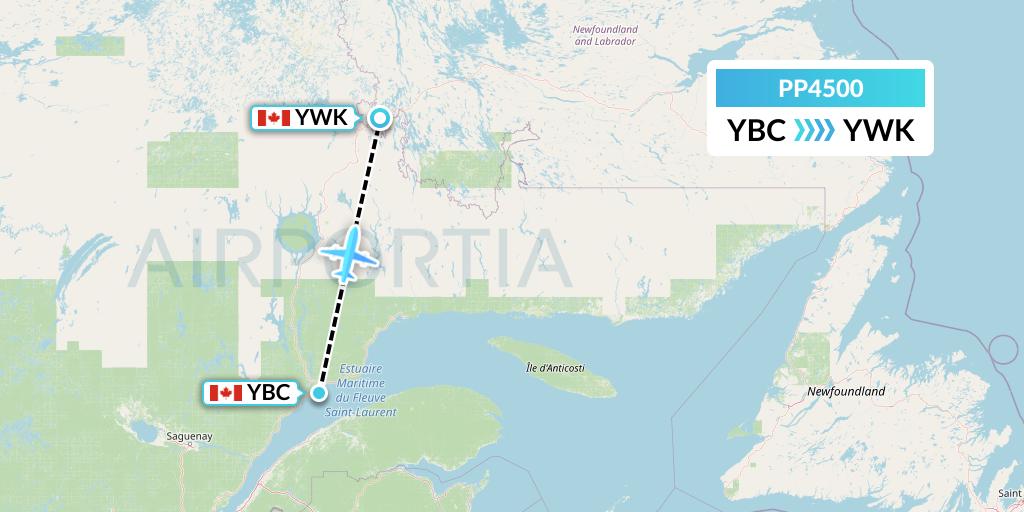 PP4500 Jet Aviation Business Jets Flight Map: Baie Comeau to Wabush