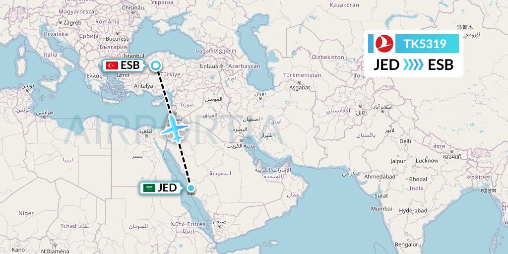 TK5319 Turkish Airlines Flight Map: Jeddah to Ankara